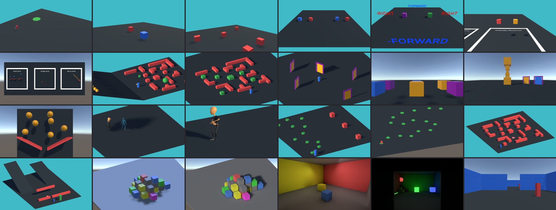 A selection of the project's scenes: scripting, physics, interactions, animations, NPCs, lighting and optimization